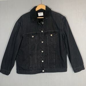 Black Chore Jacket Oversized Boyfriend Sherpa Lined Ladies Sz Large Denim Barn